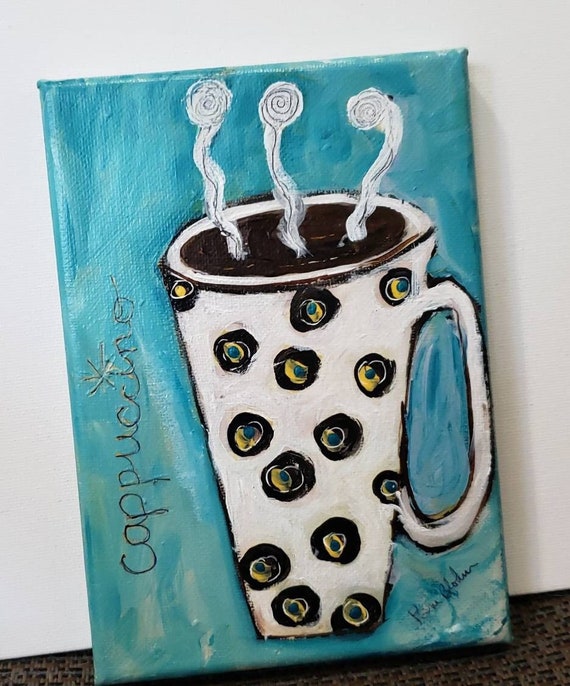 Coffee Mug "Cup of Cappuccino" - 5x7 unframed stretched canvas- small art kitchen decor