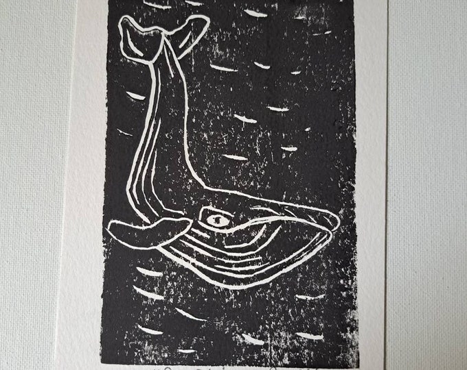 Humpback Whale "Deep Diving" - Black ink Linoleum Block Print  - 5x7 unframed wall art