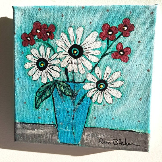Floral Bouquet small art original acrylic painting -6x6 inch stretched canvas-vase of 3 daisy flowers