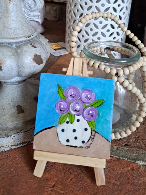 Small art Polka Dot vase with Purple Flowers Original Acrylic Painting -3x3 Vase of Flowers artwork includes display easel