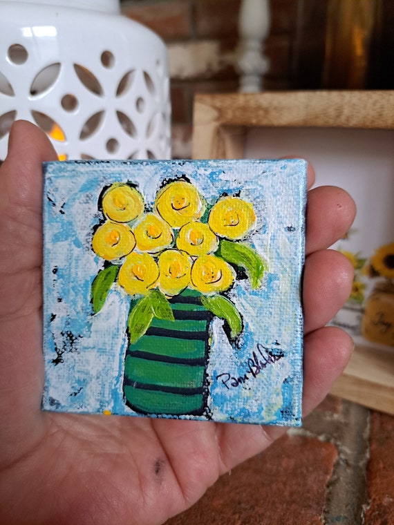 Tiny art Striped Vase of Yellow Flowers Original Acrylic Painting -3x3 Flowers artwork includes display easel