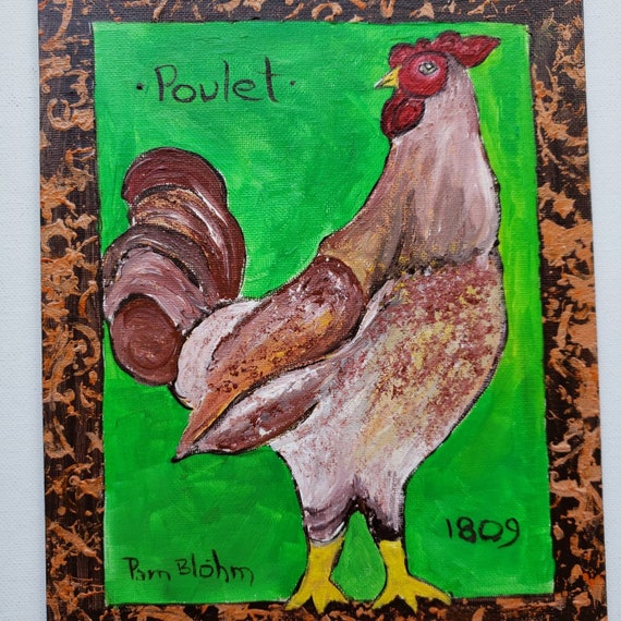 FRENCH Polout Chicken original acrylic painting - 8x10 Canvas Panel - Tribute to Ira Yeager-Boho Vibe Artwork