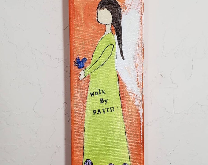 Original Angel  Art "Walk by Faith" - 4×12 deep wrapped canvas -Acrylic Painting- Orange and Green Wall art