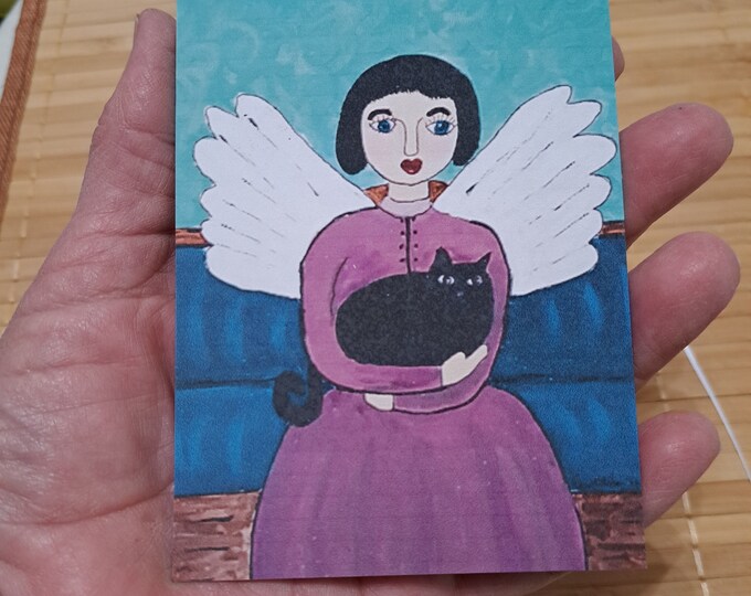 Angel Fridge  MAGNET "Angel with Cat" kitchen decor -Angel small art gift idea-Cat lover - made in USA