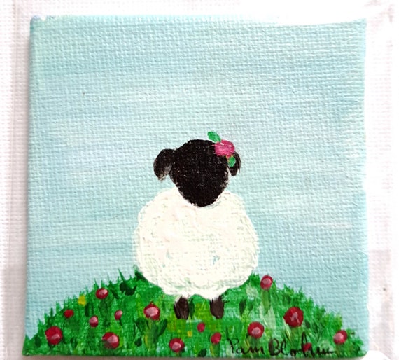 Fridge Magnet Tiny Painting -Original Acrylic Painting- "Little Lamb" small art 2.5x2.5 canvas panel - small gift idea under 15 - mini art
