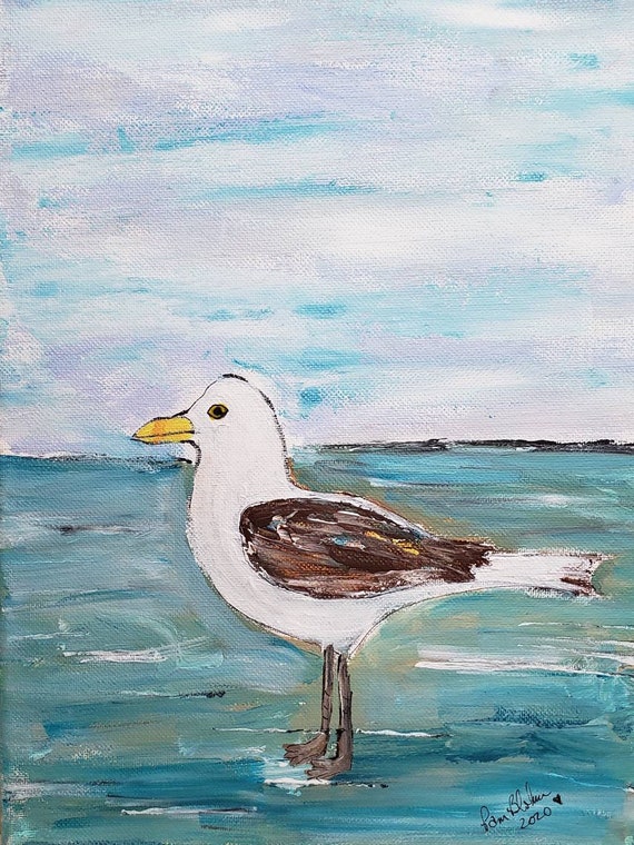 Fine Art PRINT "Seagull on the Beach"- Created from original acrylic painting by Pam Blohm- Ocean Art - 8x10 outside frame size
