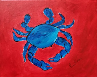 BLUE CRAB Painting on  Canvas  "Maine Blue Crab" -Original Acrylic Painting -8x10 Wall art -Cancer Zodiac Sign
