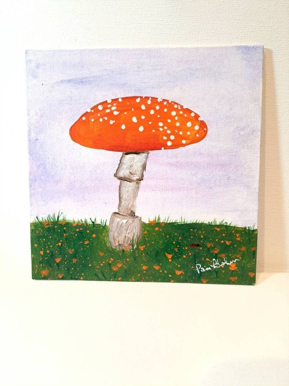 Fly Agaric Small art Mushroom - Red Orange Mushroom cap-6x6 Canvas Panel Unframed original acrylic painting