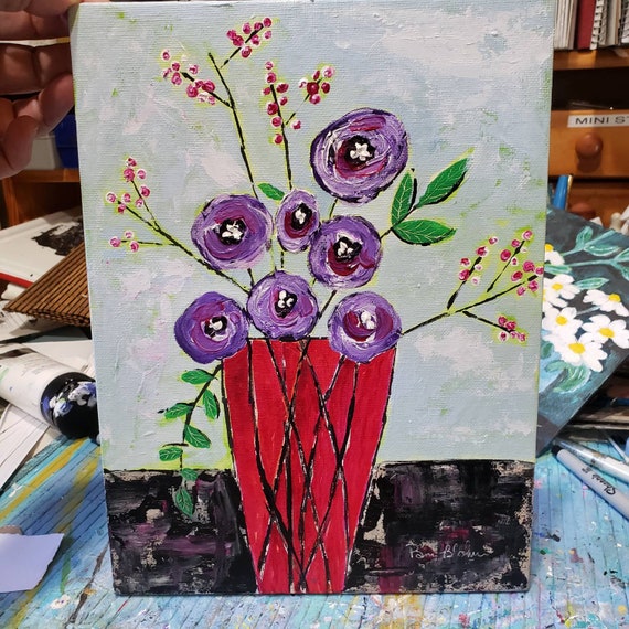 Original " Fresh Picked " Vase of Purple Flowers Acrylic Painting- 9x12 Boho Floral wall art home decor