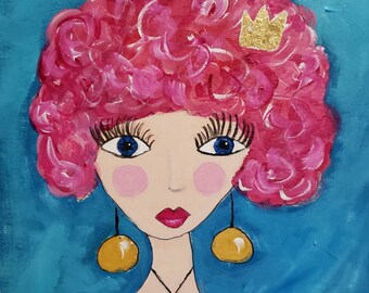 Pink hair girl with Gold Leaf Crown "Jessica May"- 7.75x7.75 inch original acrylic painting on Birchwood canvas- BOHO fun