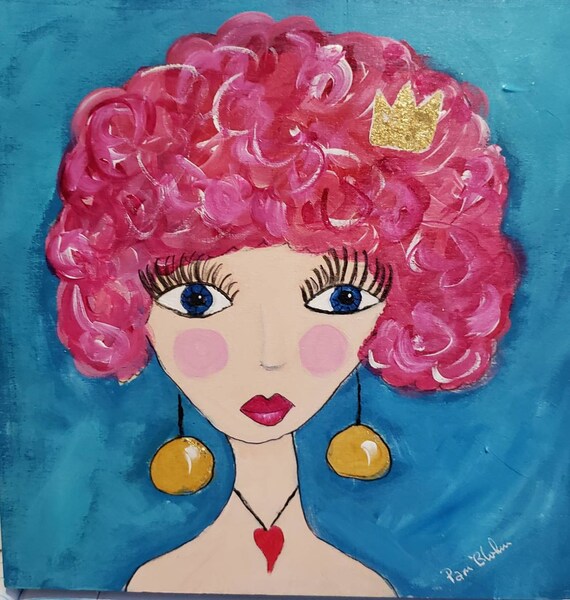 Pink hair girl with Gold Leaf Crown "Jessica May"- 7.75x7.75 inch original acrylic painting on Birchwood canvas- BOHO fun