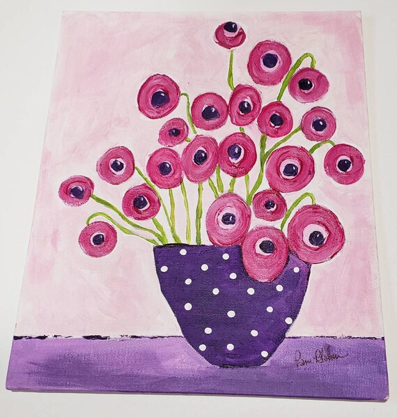 Vase of Pink Flowers  "Poppies of Pink" - Original acrylic painting-unframed 8x10 canvas Panel -Purple Polka Dots Vase - Abstract Poppy art