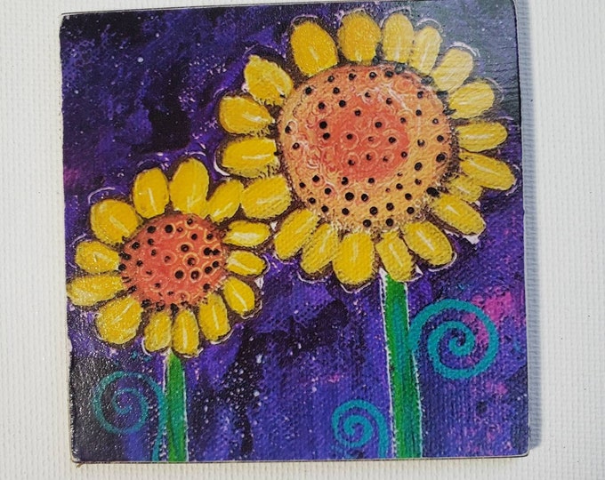 Fridge Magnet "Whimsical  Sunflower - Print from artist original painting decoupage on 3x3 Birchwood canvas- Small art gift idea