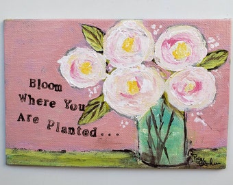 Roses Original acrylic painting  "Bloom where you are Planted" - 4x6 abstract roses  Vintage style on canvas PANEL- Flower Small art