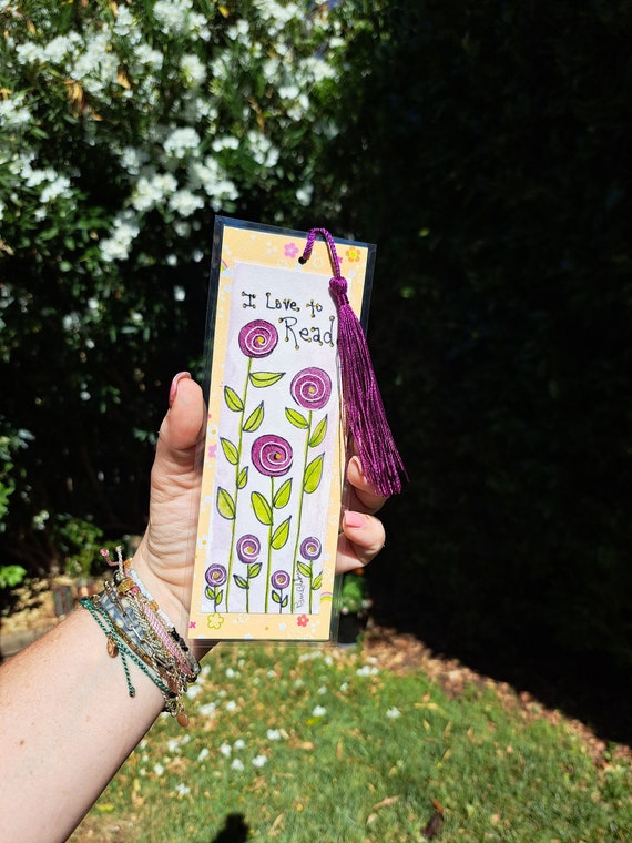 Bookmark "I love to Read" Purple Flowers Original watercolor painting- hand painted one of a kind artwork with tassel accent- gift idea