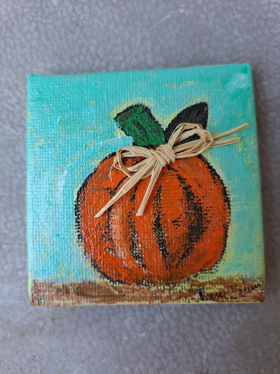Tiny Pumpkin Small Art- Orange Pumpkin Fridge Magnet Kitchen Decor-2.5x2.5 Canvas Panel Original Acrylic Art