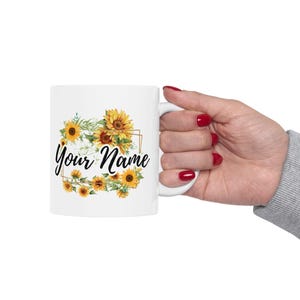 Mug floral personnalisé en céramique, tasse à café avec nom personnalisé, cadeau pour elle, verres tournesol, anniversaire, nouvelle maison, pendaison de crémaillère