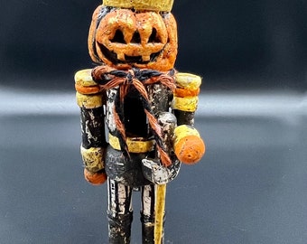 Handmade Small Spooky Nutcracker, Pumpkin, Creepmas, Goth, Gothic, Gift, Halloween, Christmas, Yule, Jackolantern, Nightmare, Folk Art