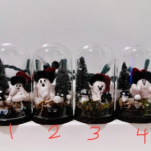 Mini Ghost Snowglobe, 1-4, Handmade, One of a Kind, Christmas Spirit, Glass Cloche Display, Miniatures, Clay Sculpture Ghosts image 2