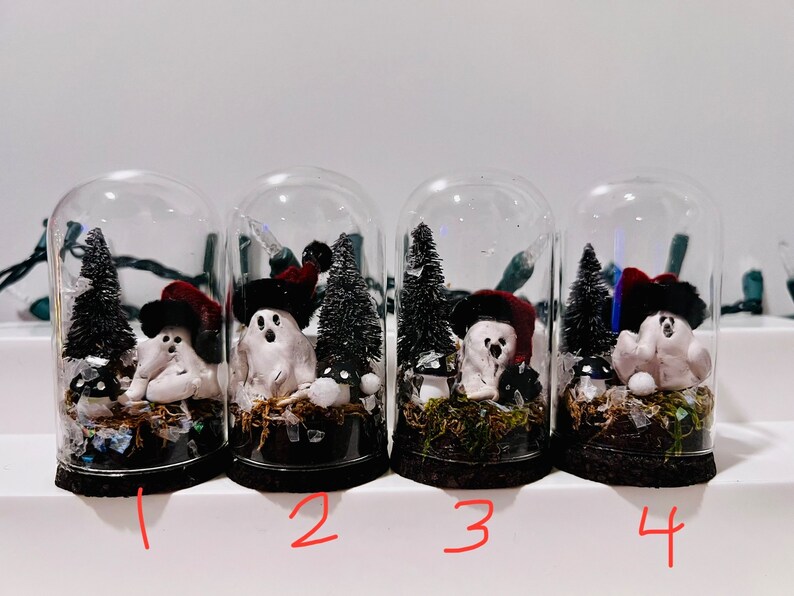 Mini Ghost Snowglobe, 1-4, Handmade, One of a Kind, Christmas Spirit, Glass Cloche Display, Miniatures, Clay Sculpture Ghosts image 2