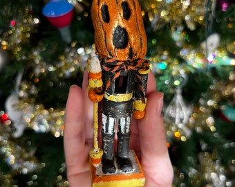 Handmade Small Spooky Nutcracker, Pumpkin, Creepmas, Goth, Gothic, Gift, Halloween, Christmas, Yule, Jackolantern, Nightmare, Folk Art