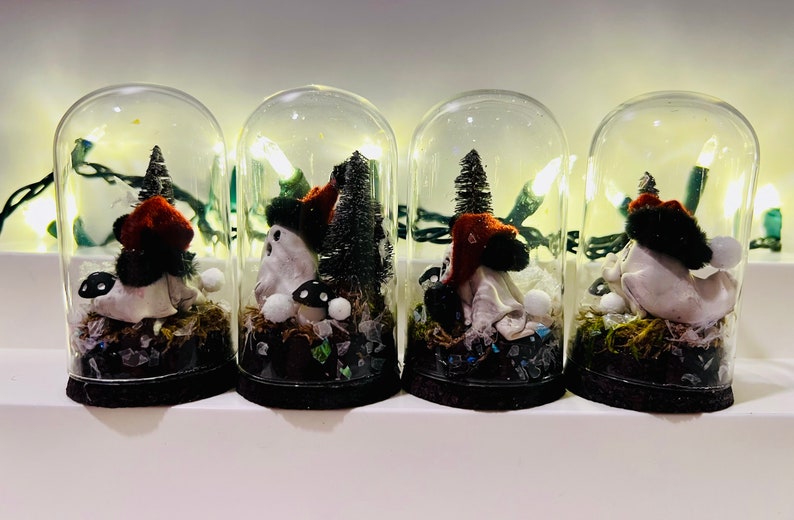 Mini Ghost Snowglobe, 1-4, Handmade, One of a Kind, Christmas Spirit, Glass Cloche Display, Miniatures, Clay Sculpture Ghosts image 4