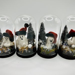 Mini Ghost Snowglobe, 1-4, Handmade, One of a Kind, Christmas Spirit, Glass Cloche Display, Miniatures, Clay Sculpture Ghosts image 1