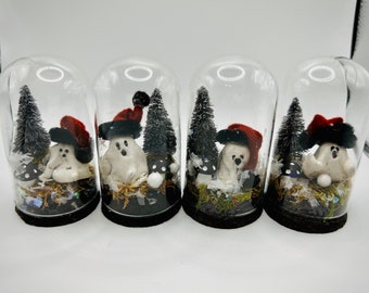 Mini Ghost Snowglobe, 1-4, Handmade, One of a Kind, Christmas Spirit, Glass Cloche Display, Miniatures, Clay Sculpture Ghosts