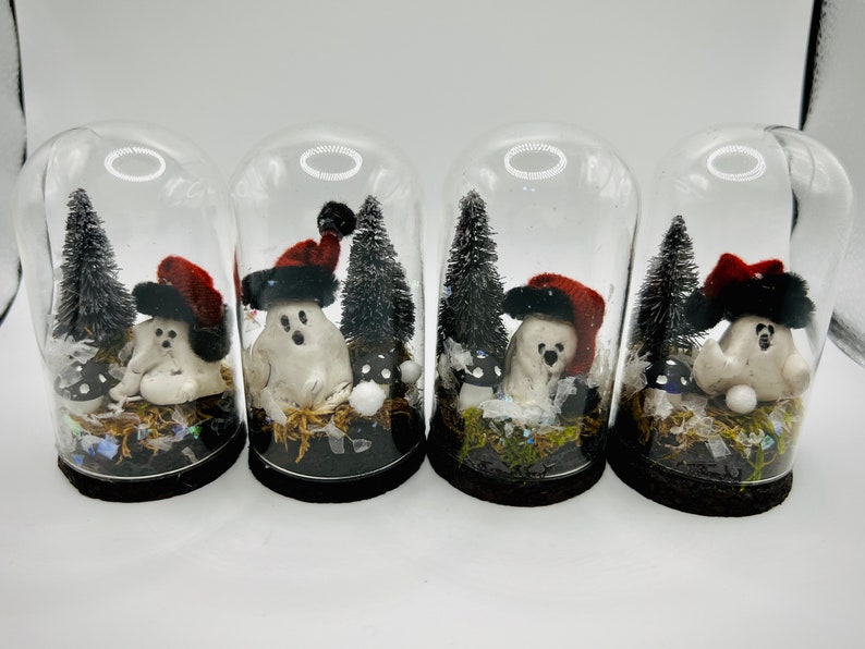 Mini Ghost Snowglobe, 1-4, Handmade, One of a Kind, Christmas Spirit, Glass Cloche Display, Miniatures, Clay Sculpture Ghosts image 1