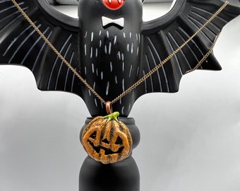 Brass Chain/ Handmade/ Halloween Necklace/ Valloween Jewelry, One of Us Jackolantern Pumpkin Goth Style