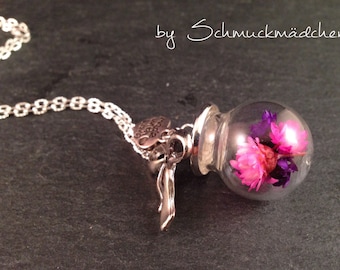 Necklace pink flowers silver long