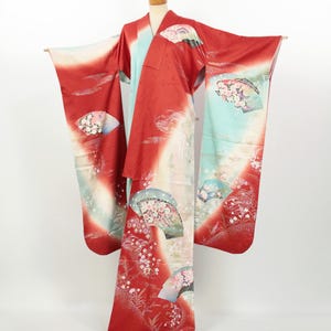 Kimono / Vintage Silk Furisode Kimono Yuzen Fans & Flowers Japan / 2508192