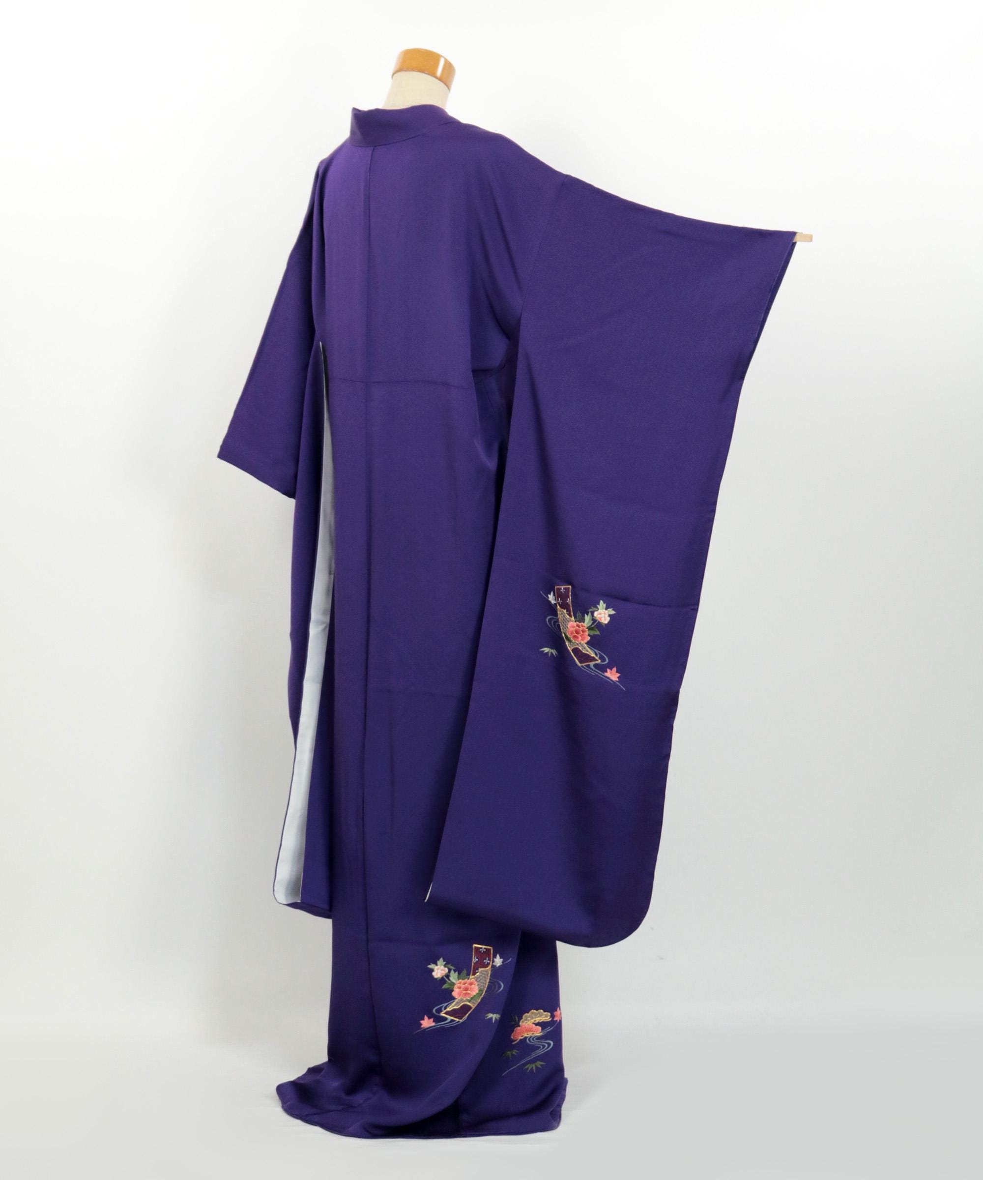 【リメイク】kimono暖簾 紫　purple Kimono / Elegant Purple Furisode With Gosho-guruma & Bamboo
