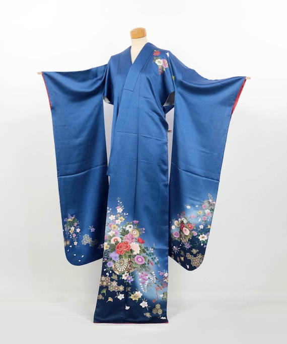 Kimono / Yuzen Genji-guruma Floral Silk Furisode – Elegant Blue