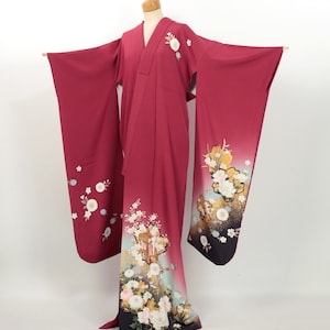 Kimono / Wine-Red Silk Furisode with Genji-guruma, Floral Motifs / K241022