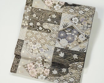 Y890 ヴィンテージ シルク 着物 袋帯 紺 金刺繍 / 唐織 三重塔 京都