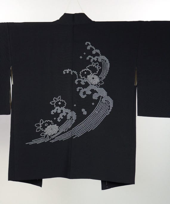 Kimono / Japanese Black Silk Haori With Wave & Chrysanthemum