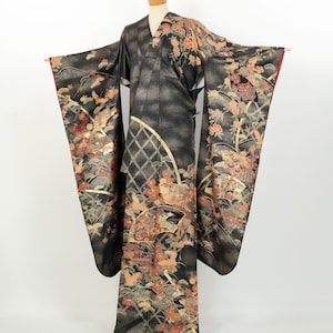 Kimono / Vintage Black Silk Furisode with Gold Pine & Fan Motifs / 2508222