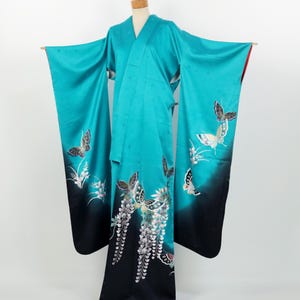 Kimono / Vintage Silk Furisode Blue-Green with Butterfly & Wisteria / 2508221