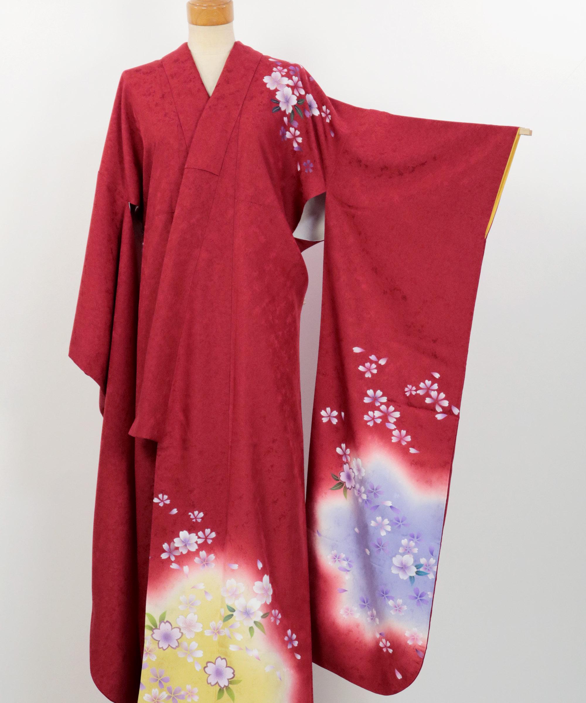 Kimono / Vintage Silk Furisode Kimono – Red With Sakura Pattern