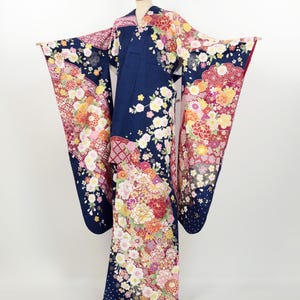 Kimono / Vintage Silk Furisode Kimono Navy Yuzen Peony Chrysanthemum / K2508212