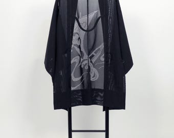 Vintage Black Silk Sha Haori Jacket: Sheer Summer Kimono, Boat Motif Weave