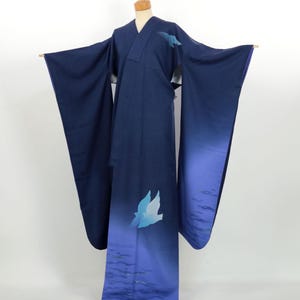 Kimono / Navy Silk Furisode with Birds and Clouds – Symbol of Harmony / 2505133