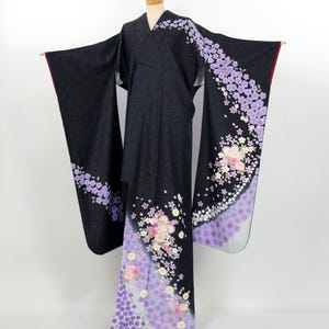 Kimono / Vintage Furisode Kimono - Black Silk with Sakura Yuzen Dye / K2508052