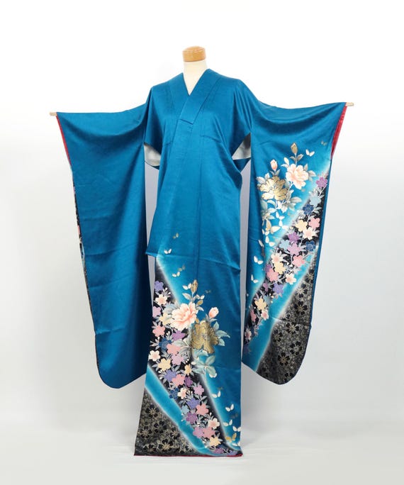 ヴィンテージシルク振袖着物：青友禅牡丹桜花柄、金色アクセント