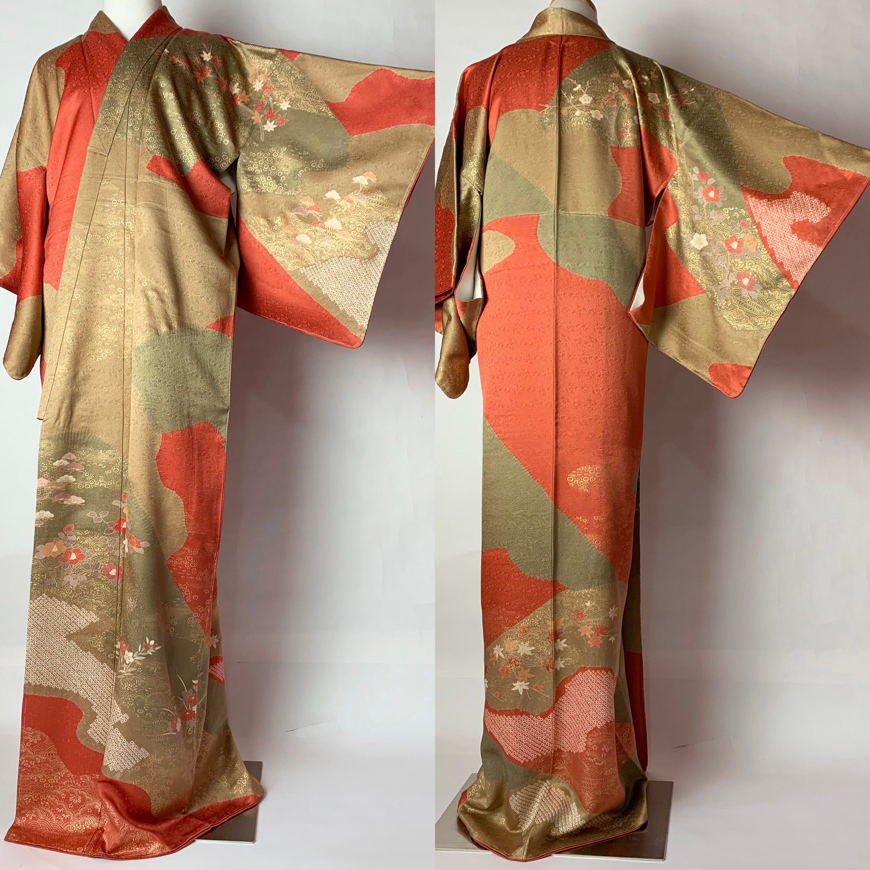 Japanese G030105 Elegant Orange and Dark Green Homongi Kimono | Etsy