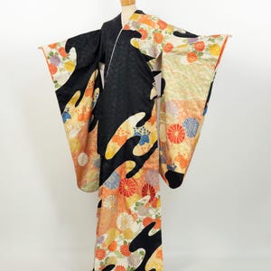 Kimono / Vintage Furisode Kimono - Chrysanthemum & Gold on Black Silk / 2506091
