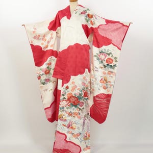 Kimono / Vintage Silk Furisode Kimono with Yuzen Flowers & Ducks / 2508191