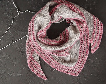 Xale de algodão tricotado à mão: cachecol triangular de renda cinza e rosa