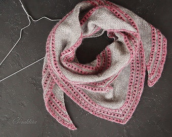 Knitted shawl wrap, knitted triangular shawl, oversized shawl, cotton shawl, gray and pink shawl, scarf, gift for women, handknit scarf